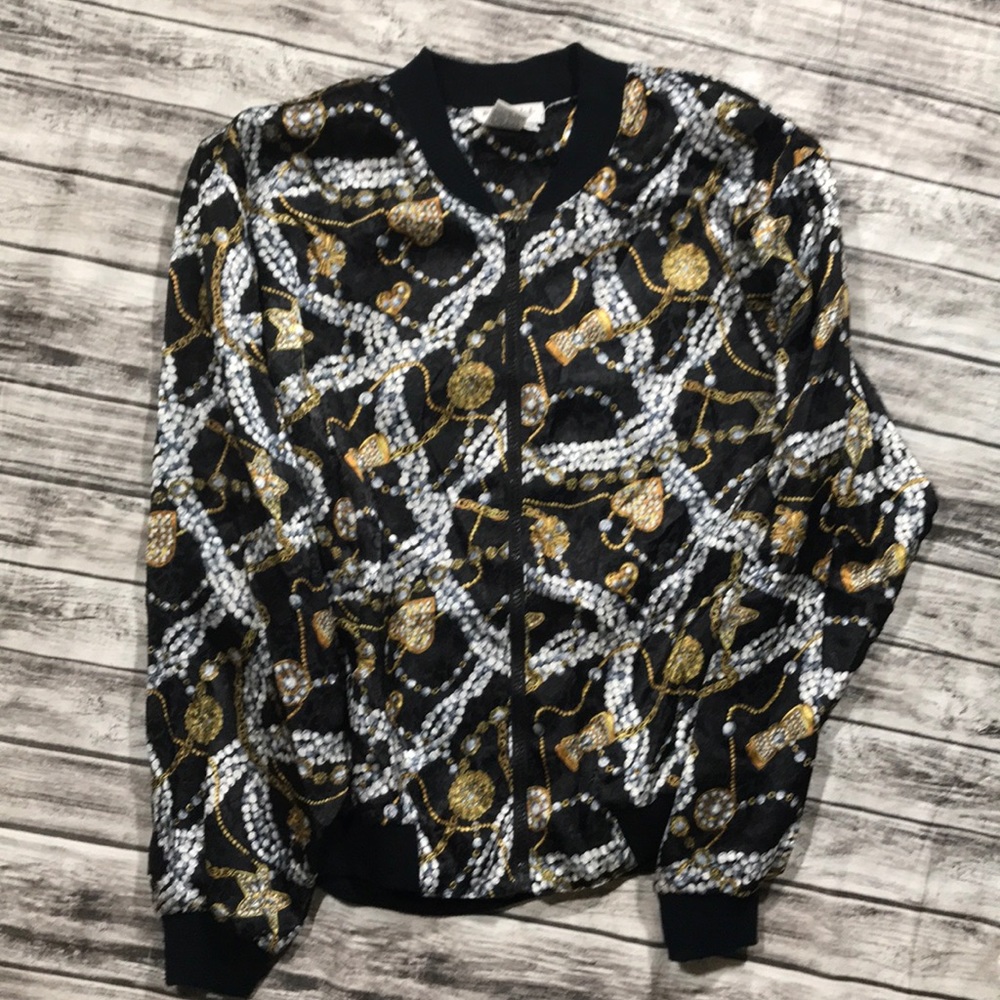 Vtg 80s Papell Too Novelty Print Bomber Jacket M